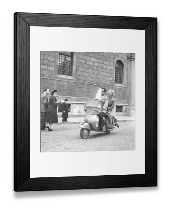 Framed Print : Couple in Italy in the 1950s. A young couple on a Vespa scooter driving on a street in Milan Italy 1950. Photo Kristoffersson Ref AY28-7 Framed Print : Couple in Italy in the 1950s. A young couple on a Vespa scooter driving on a street in Milan Italy 1950. Photo Kristoffersson Ref AY28-7