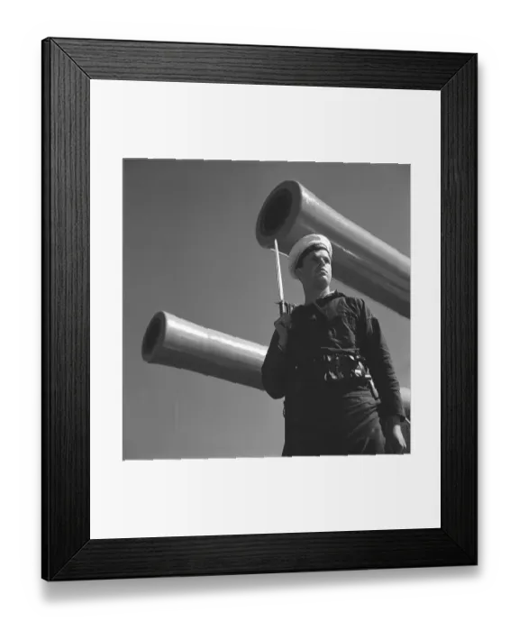 Framed Print : During World war II. The war ship Sverige during navy exercises at sea. Detail of a sailor standing guard on the ship with a rifle in his hand. Sweden june 1940. Kristoffersson ref 141 Framed Print : During World war II. The war ship Sverige during navy exercises at sea. Detail of a sailor standing guard on the ship with a rifle in his hand. Sweden june 1940. Kristoffersson ref 141
