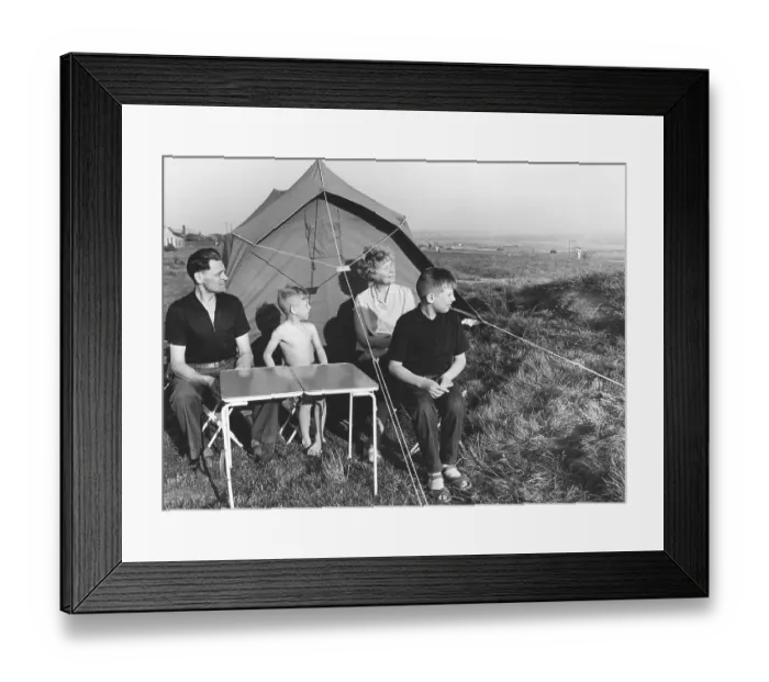 Framed Print : Camping in the 1960s. A family outside their tent Framed Print : Camping in the 1960s. A family outside their tent