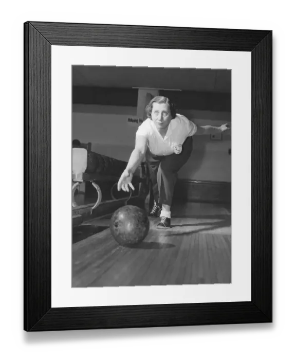 Framed Print : Bowling in the 1950s. Women bowler Maja Tuvesson throws the ball at a tournament 1956