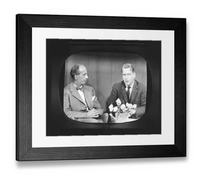 Framed Print : Television in the 1950s. A typical black and white tv screen photographed when a broadcast is