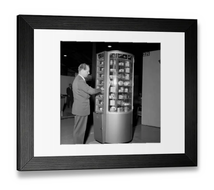 Framed Print : Shopping in the 1950s. A vending machine called Rotosell presented at the trade fair Sankt Eriksmaessan 1954 Framed Print : Shopping in the 1950s. A vending machine called Rotosell presented at the trade fair Sankt Eriksmaessan 1954