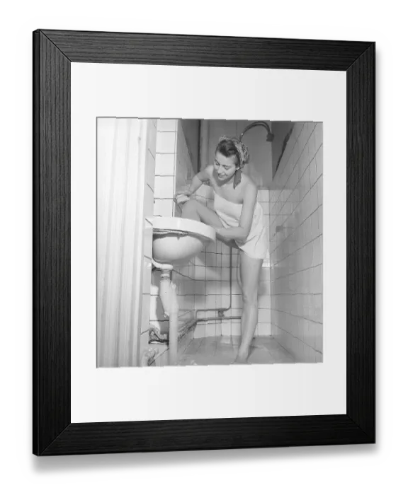 Framed Print : 1940s woman in the bathroom. The young ballet girl Rigmor Dall is in the bathroom after the show Framed Print : 1940s woman in the bathroom. The young ballet girl Rigmor Dall is in the bathroom after the show