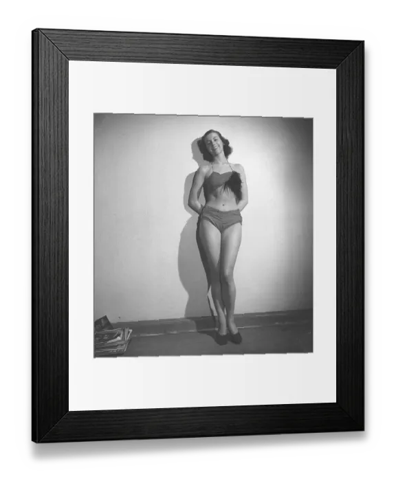 Framed Print : 1940s bikini fashion. A studio shot of a designed bikini two-pieced bathing suit Framed Print : 1940s bikini fashion. A studio shot of a designed bikini two-pieced bathing suit