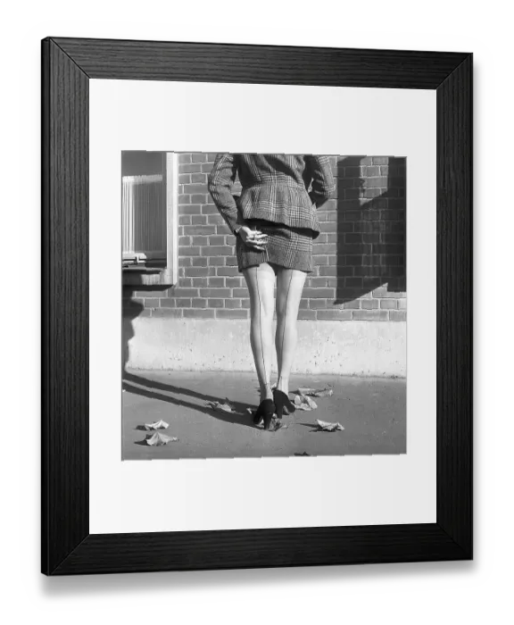 Framed Print : Nylon stockings in the 1950s. The model Solveij Nyhlen pictured outside the swedish factory of nylon stockings Framed Print : Nylon stockings in the 1950s. The model Solveij Nyhlen pictured outside the swedish factory of nylon stockings