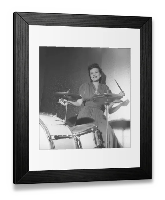 Framed Print : In the 1940s. A woman is playing the drums Framed Print : In the 1940s. A woman is playing the drums