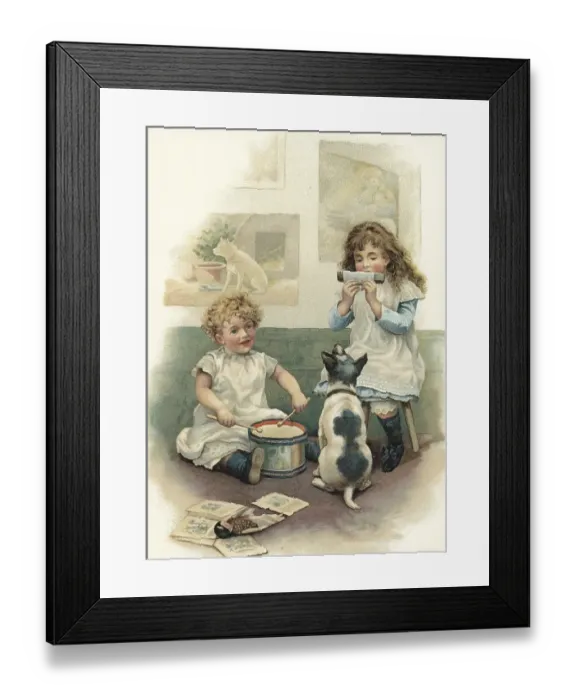 Framed Print : Two children playing for their dog on this illustration from the turn of the century 1800-1900