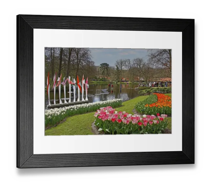 Framed Print : Tulip blossom, flower bed tulips, daffodils, lake, Wilhelmina Pavilion, spring, spring flower-bed, visitors, Keukenhof, Lisse, Netherlands