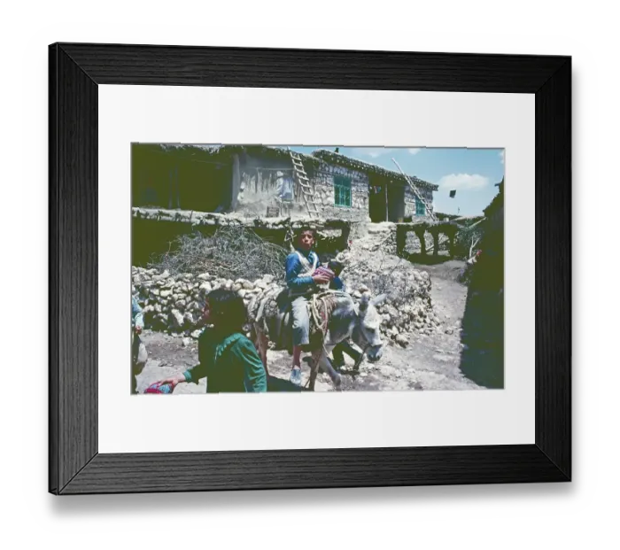 Framed Print : Boy, girl, children, donkey with sack, Kurdish village Karadut, south-east Anatolia, Turkey, May 1987, vintage, retro, old, historical, Asia