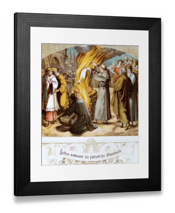 Framed Print : Luther publicly burns the papal bull of excommunication from Pope Leo X