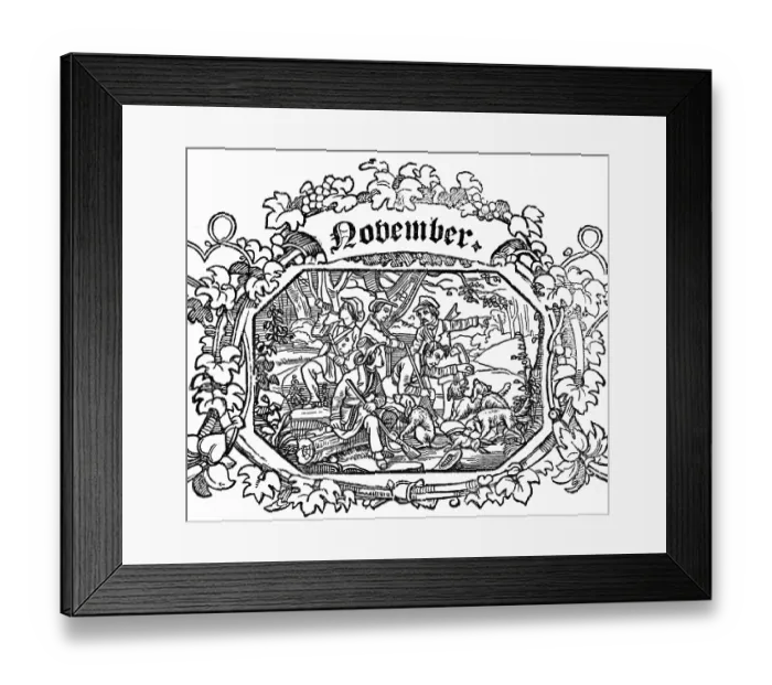 Framed Print : Month of November, Hunters blow for the hunt, Guns, Hunting dogs, Forest, Inscription, Grapevine ornamentation, Woodcut illustration, Swiss calendar for 1848