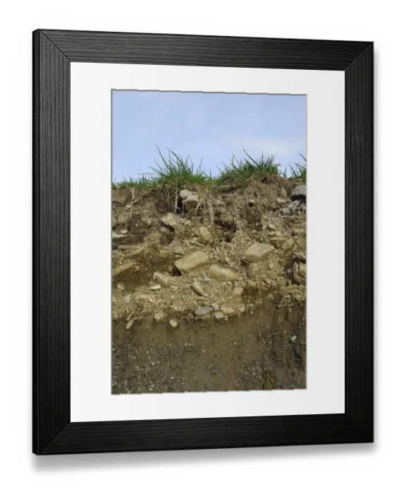 Framed Print : A soil profile showing grass, topsoil and subsoil in Westland