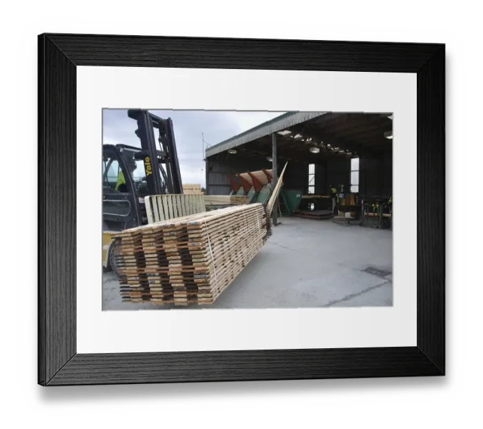 Framed Print : Forklift carries a load of milled timber at a sawmill