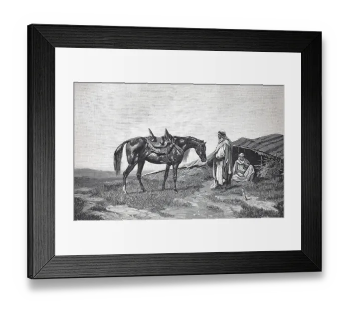 Framed Print : In front of a Bedouin tent, Bedouin with his Arabian horse Framed Print : In front of a Bedouin tent, Bedouin with his Arabian horse
