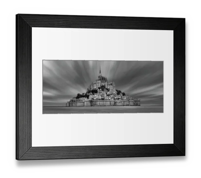 Framed Print : Impressive view of Mont Saint-Michel in black and white, surrounded by dramatic clouds, Le Mont-Saint-Michel Framed Print : Impressive view of Mont Saint-Michel in black and white, surrounded by dramatic clouds, Le Mont-Saint-Michel