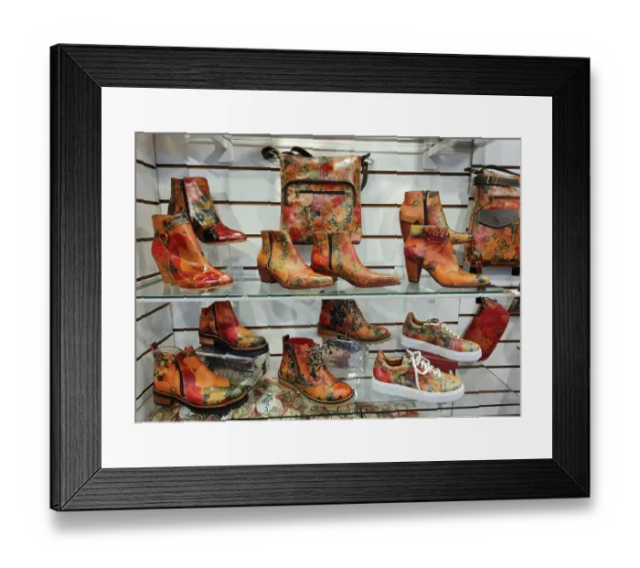 Framed Print : Shelf full of colourful shoes and handbags in a vibrant style, La Boca district, Buenos Aires, Argentina, South America