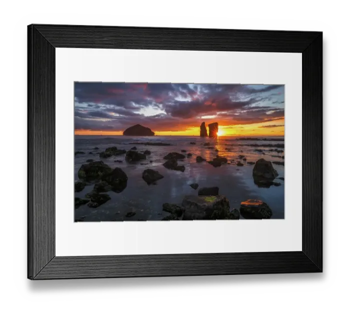 Framed Print : Sunset behind rock formation on the beach of Mosteiros on the west coast of Sao Miguel, Azores, Portugal, Europe