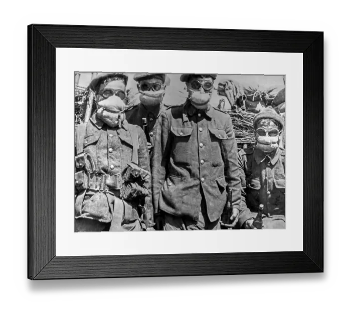 Framed Print : British WW1 soldiers wearing rudimentary gas masks in trench on the battlefield during World War One as protection