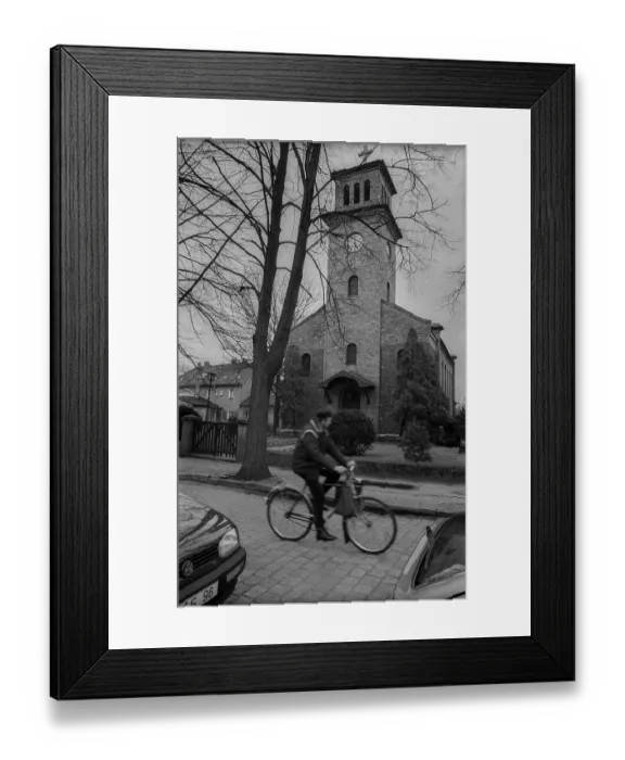 Framed Print : Germany, Hennigsdorf, 14.04.1992, Martin Luther Church in Hennigsdorf, cyclist, Europe