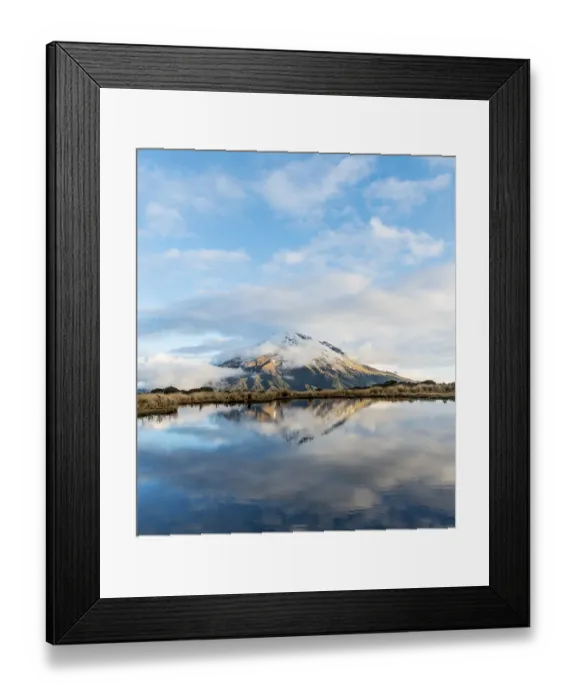 Framed Print : Reflection in Pouakai Tarn, stratovolcano Mount Taranaki or Mount Egmont with cloud