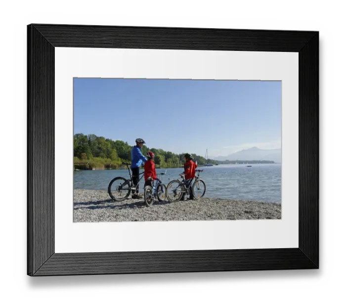 Framed Print : Cyclists, cycling tour at lake Chiemsee