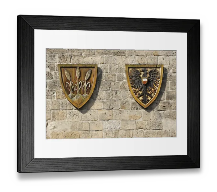 Framed Print : Coat of arms for the Free Imperial City of Dinkelsbuehl next to the Imperial Eagle