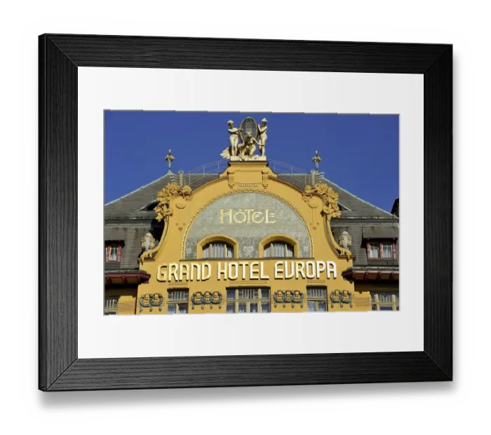 Framed Print : Art Nouveau statues on the gable of the Grand Hotel Europa