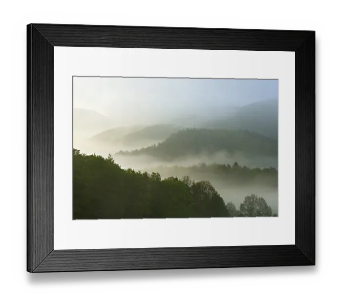 Framed Print : Low mountain range landscape, hilly landscape with forests in fog