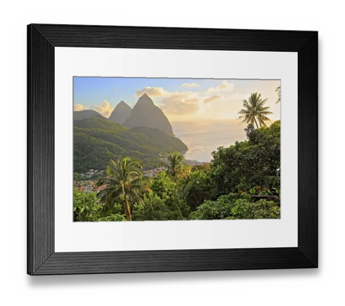 Framed Print : Tropical landscape with view of the village and the two Pitons Framed Print : Tropical landscape with view of the village and the two Pitons