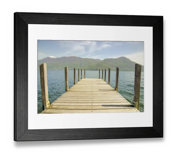 Framed Print : Pier over Alpine Lake Maggiore and Mountain with Blue Sky and Clouds in Ticino