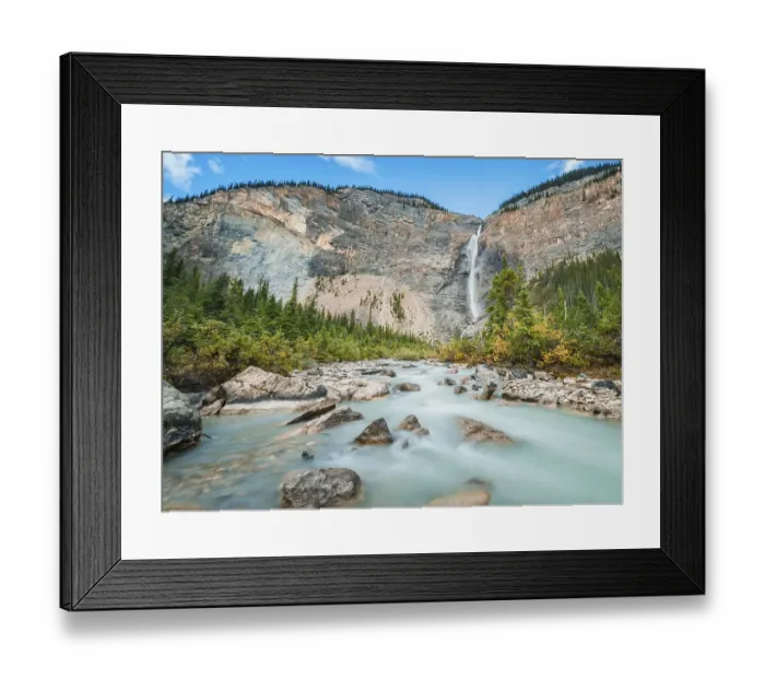 Framed Print : Takakkaw Falls, waterfall on rock face and river