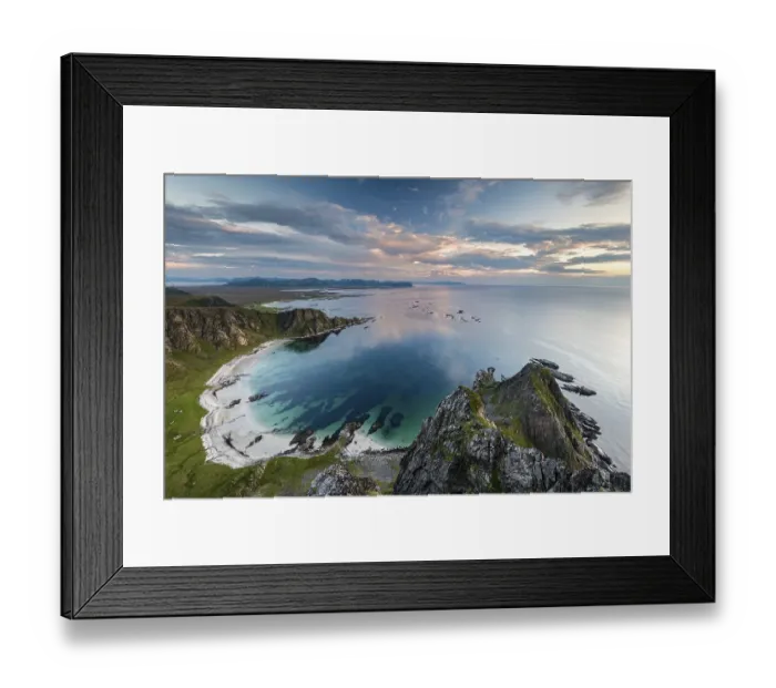 Framed Print : View from Matinden Mountain to sandy beach and rocky coast