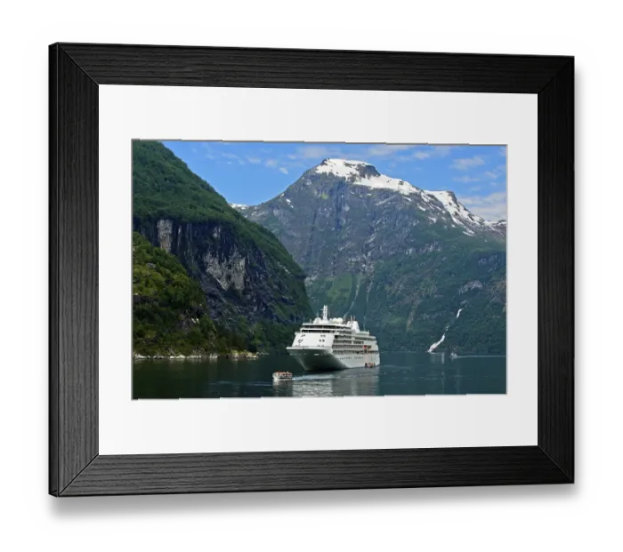 Framed Print : Cruise ship Silver Whisper and shuttle boat in Geiranger