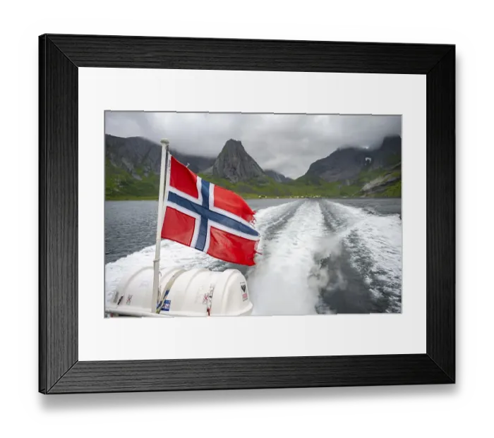Framed Print : Norwegian flag at the ferry from Reine to Vinstadt on the Reinefjord