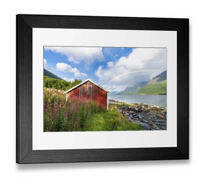 Framed Print : Boat hut with rainbow at the fjord Framed Print : Boat hut with rainbow at the fjord