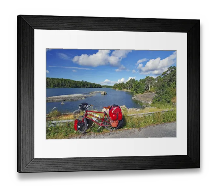 Framed Print : Packed, red touring bike on the shore of the Baltic Sea Framed Print : Packed, red touring bike on the shore of the Baltic Sea