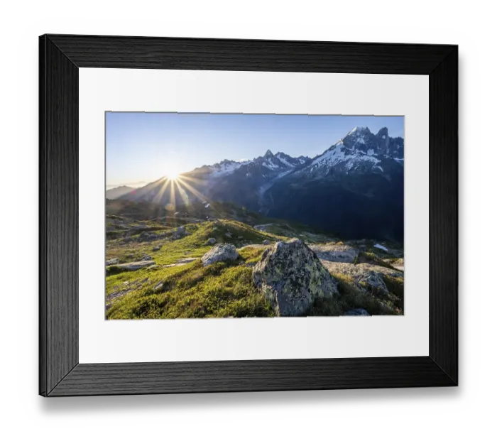 Framed Print : Sun shines over mountains, Glacier d'Argentiere and Aiguille Verte