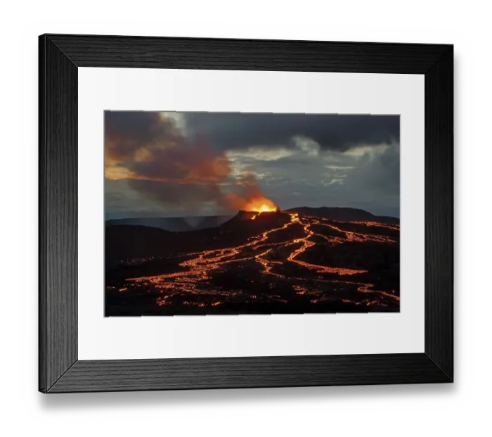 Framed Print : Lava spurting out of crater and reddish illuminated smoke cloud Framed Print : Lava spurting out of crater and reddish illuminated smoke cloud