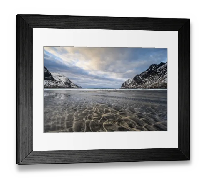 Framed Print : Sandy beach beach with mountains Framed Print : Sandy beach beach with mountains
