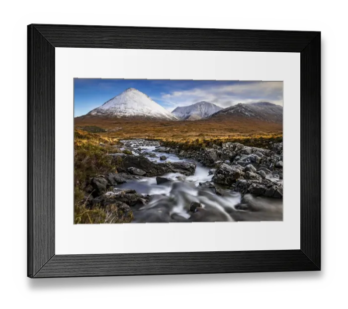 Framed Print : AltDearg Mor with snow-covered peaks of the Cullins Mountains in Highland landscape, Sligachan, Portree, Isle of Sky, Scotland, United Kingdom, Europe