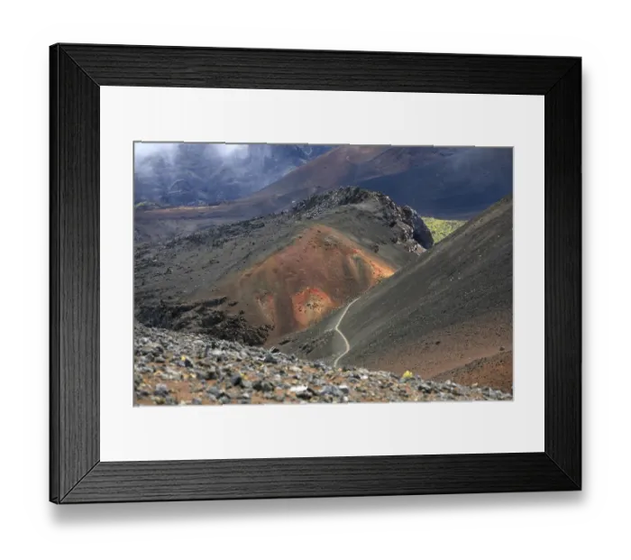 Framed Print : Coloured ash and cinder deposits in a crater in Haleakala National Park