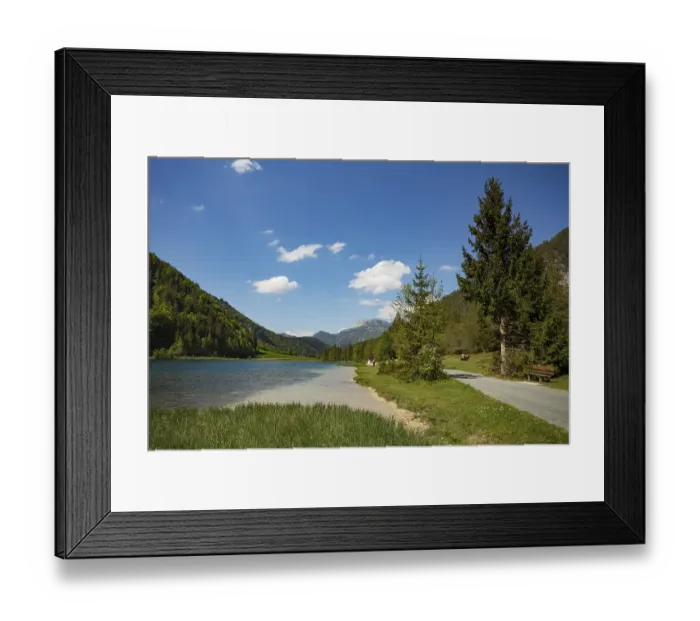 Framed Print : Mountain lake, hiking trail around the lake