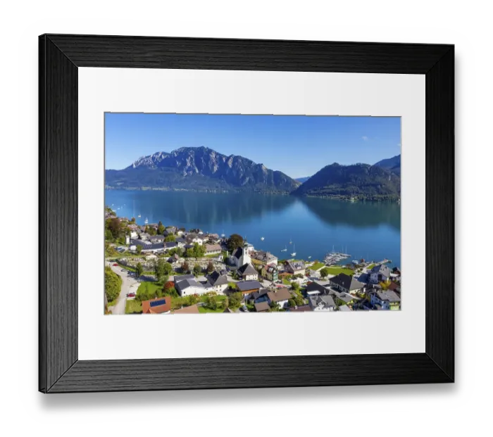 Framed Print : Drone recording, Unterach am Attersee with Hoellengebirge