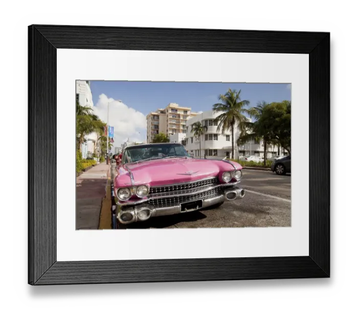 Framed Print : Pink Cadillac in the Art Deco district of South Beach