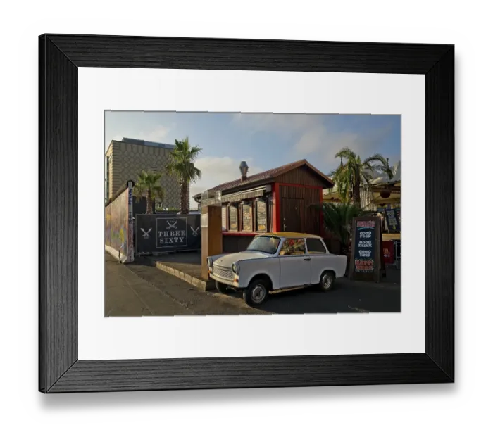 Framed Print : Trabi at a snack bar with palm trees at the egg cooling house