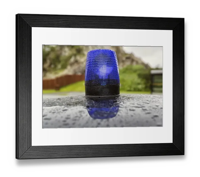 Framed Print : Blue light on a car roof, police patrol car Framed Print : Blue light on a car roof, police patrol car