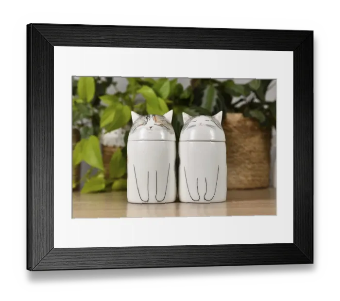 Framed Print : Germany, October 2023: Two custom made cat pet urns on table