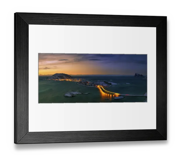 Framed Print : Fjord with an illuminated bridge in winter at sunset Framed Print : Fjord with an illuminated bridge in winter at sunset