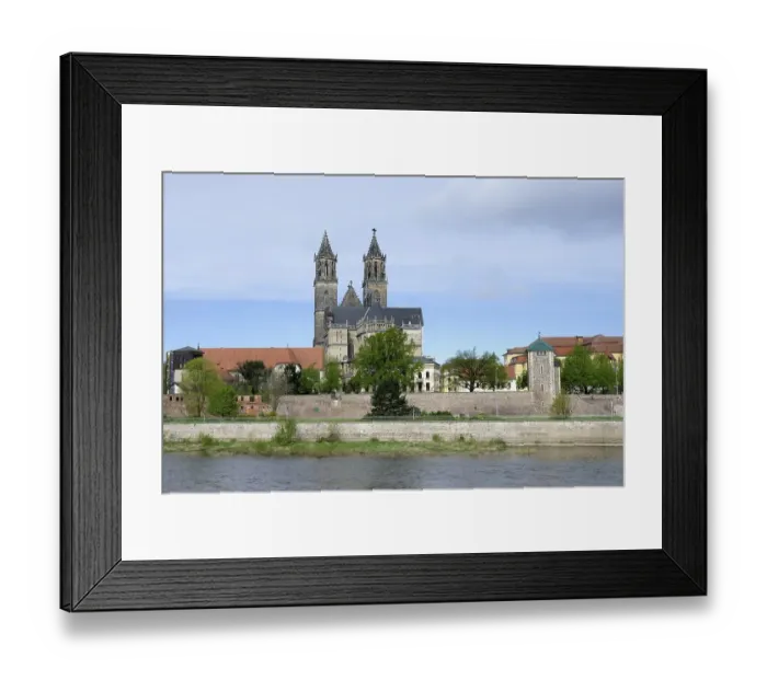 Framed Print : Protestant gothic Magdeburg cathedral or Cathedral of Saints Maurice and Catherine along the Elbe River