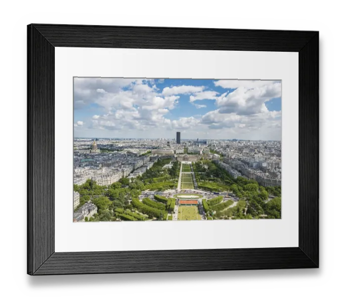 Framed Print : Cityscape, view from the Eiffel Tower over Parc du Champ de Mars, Montparnasse Tower behind, Paris, Ile-de-France, France, Europe Framed Print : Cityscape, view from the Eiffel Tower over Parc du Champ de Mars, Montparnasse Tower behind, Paris, Ile-de-France, France, Europe